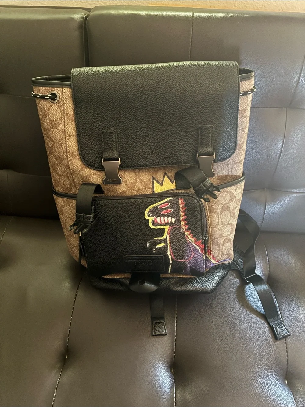 Coach Men's Signature Canvas Backpack with Black Leather Trim